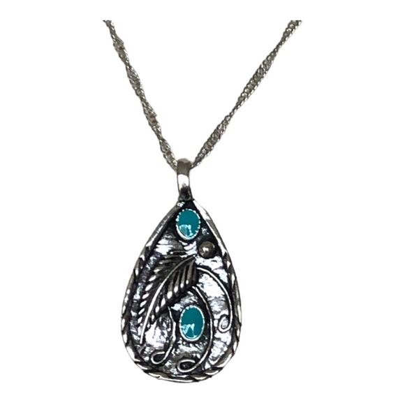 Bohemian Timeless Teardrop Leaf Turquoise Silver Feather Chain Pendant Necklace - Picture 1 of 15